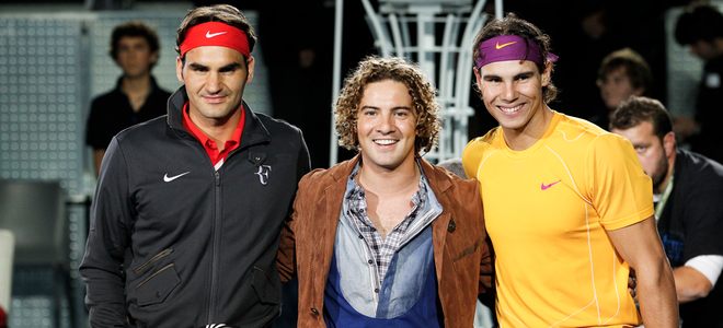Rafa Nadal y Roger Federer con David Bisbal antes del partido de tenis por la Fundación Rafa Nadal