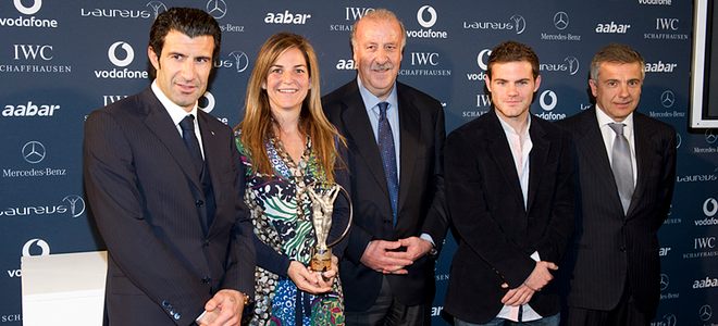 Vicente del Bosque, Aracha Sánchez Vicario, José Mata y Luis Figo en la presentación de los Premio Laureus 2011