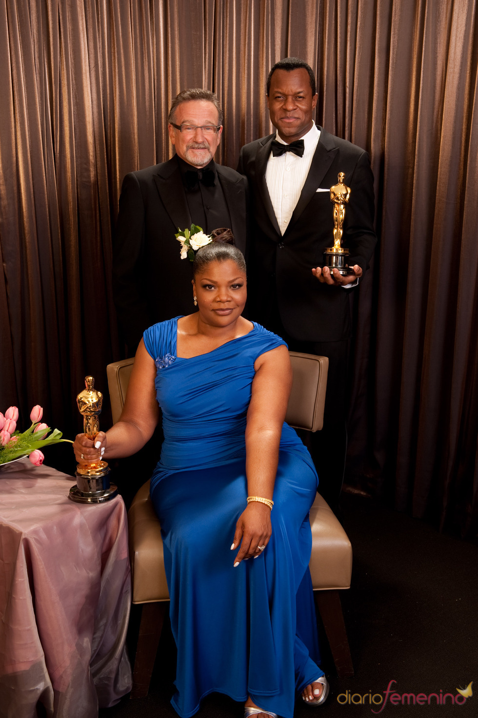 Mo'Nique, Geoffrey Fletcher y Robin Williams en los Oscar 2010