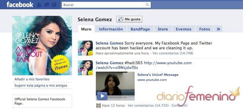 El Facebook y el Twitter de Selena Gómez hackeado