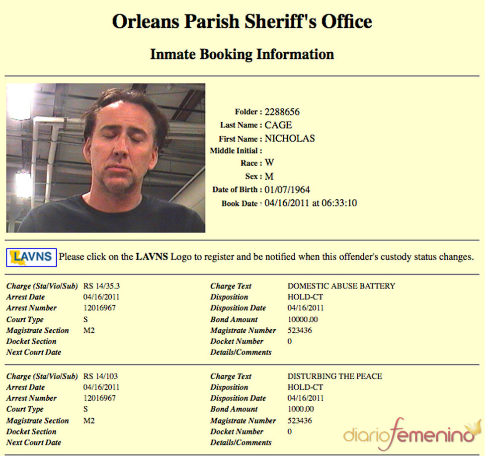 La ficha policial de Nicolas Cage