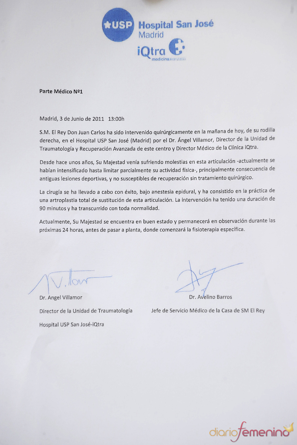 Parte médico del Rey Juan Carlos tras su operación de rodilla derecha