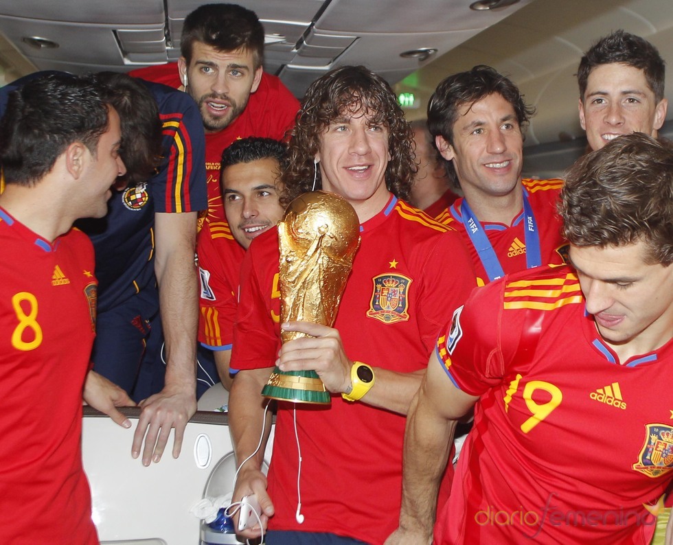 La selección, con la copa del mundo en el avión