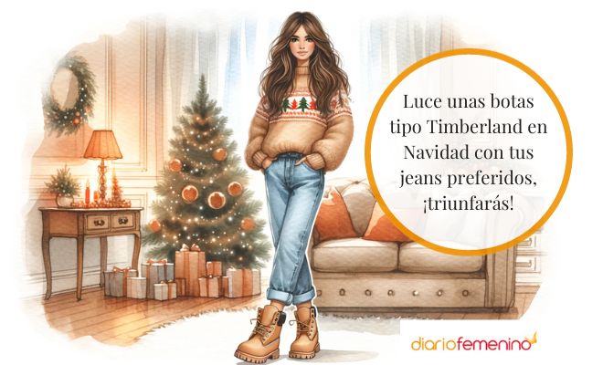 Look con botas tipo Timberland para Navidad