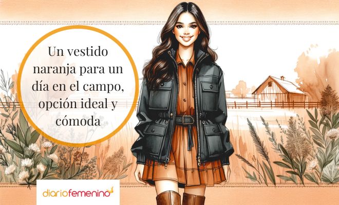 Look con vestido naranja para un día en el campo