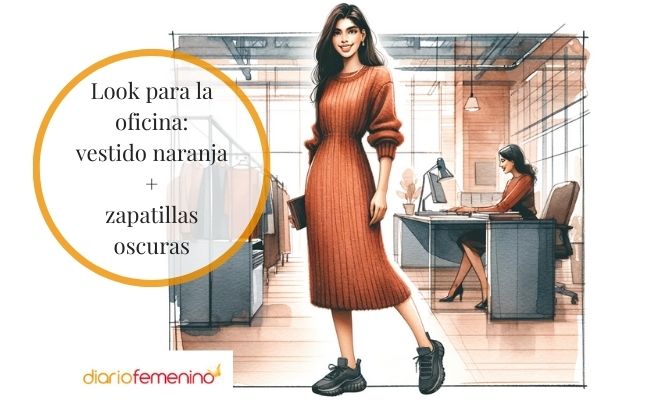 Look con vestido naranja para ir al trabajo