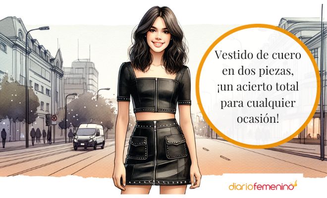 Look con vestido de cuero en dos piezas