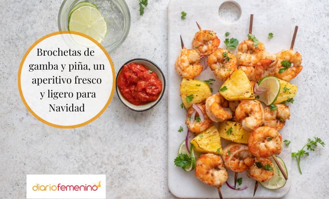 Entrantes fáciles para Navidad: brochetas de gambas y piña