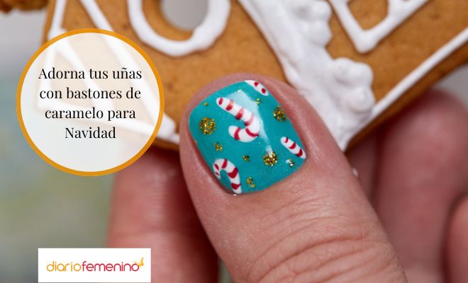 Manicura de Navidad para uñas cortas de bastón de caramelo