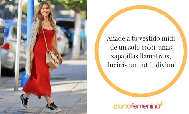 Ideas para combinar unas zapatillas con tu vestido midi favorito