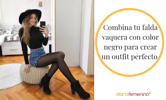 Falda vaquera combinada con colores negros