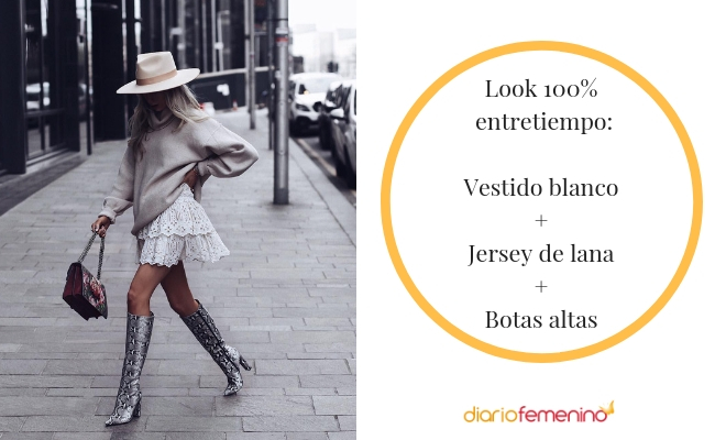 Los vestidos blancos con jerseys de lana son perfectos para el entretiempo