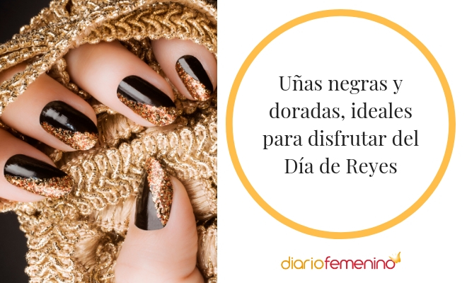 Uñas de color negro y dorado ideales para el Día de Reyes