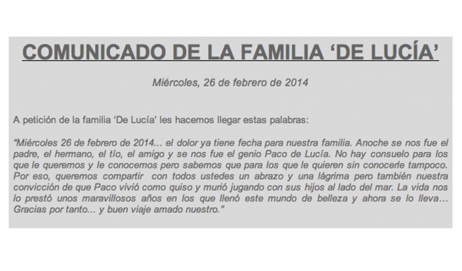 El comunicado de la familia de Paco de Lucía tras su muerte