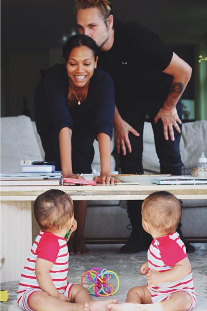 Marco Perego y Zoe Saldana, felices con sus hijos