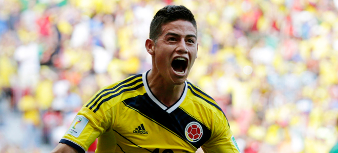 James Rodríguez celebra un gol del Mundial 2014.