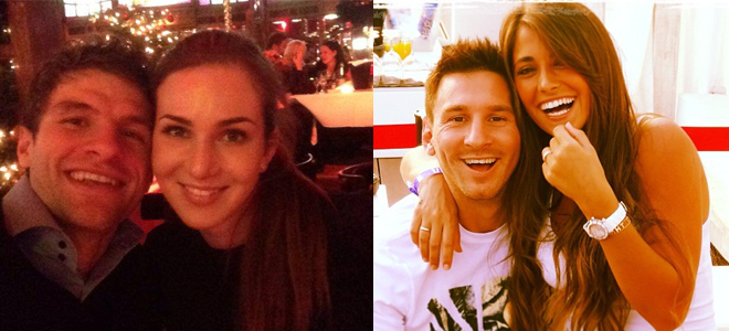 Thomas Müller y Leo Messi, con sus respectivas parejas